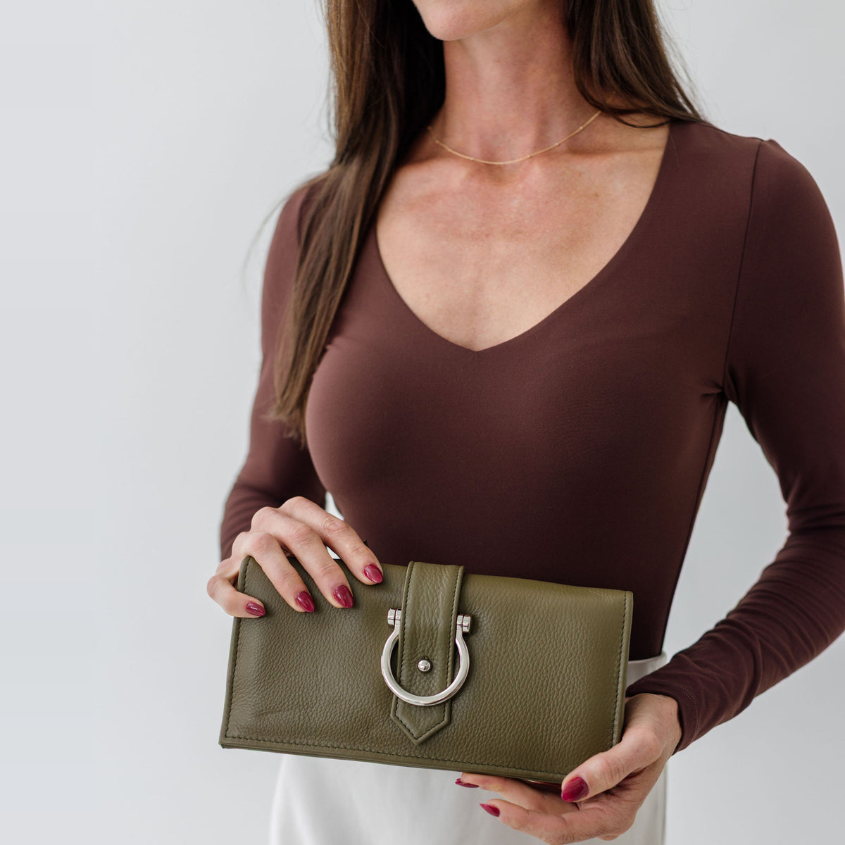 Sapahn Ciara Crossbody and Wallet in Silver Olive Oil Leather #Color_Silver Olive Oil Leather