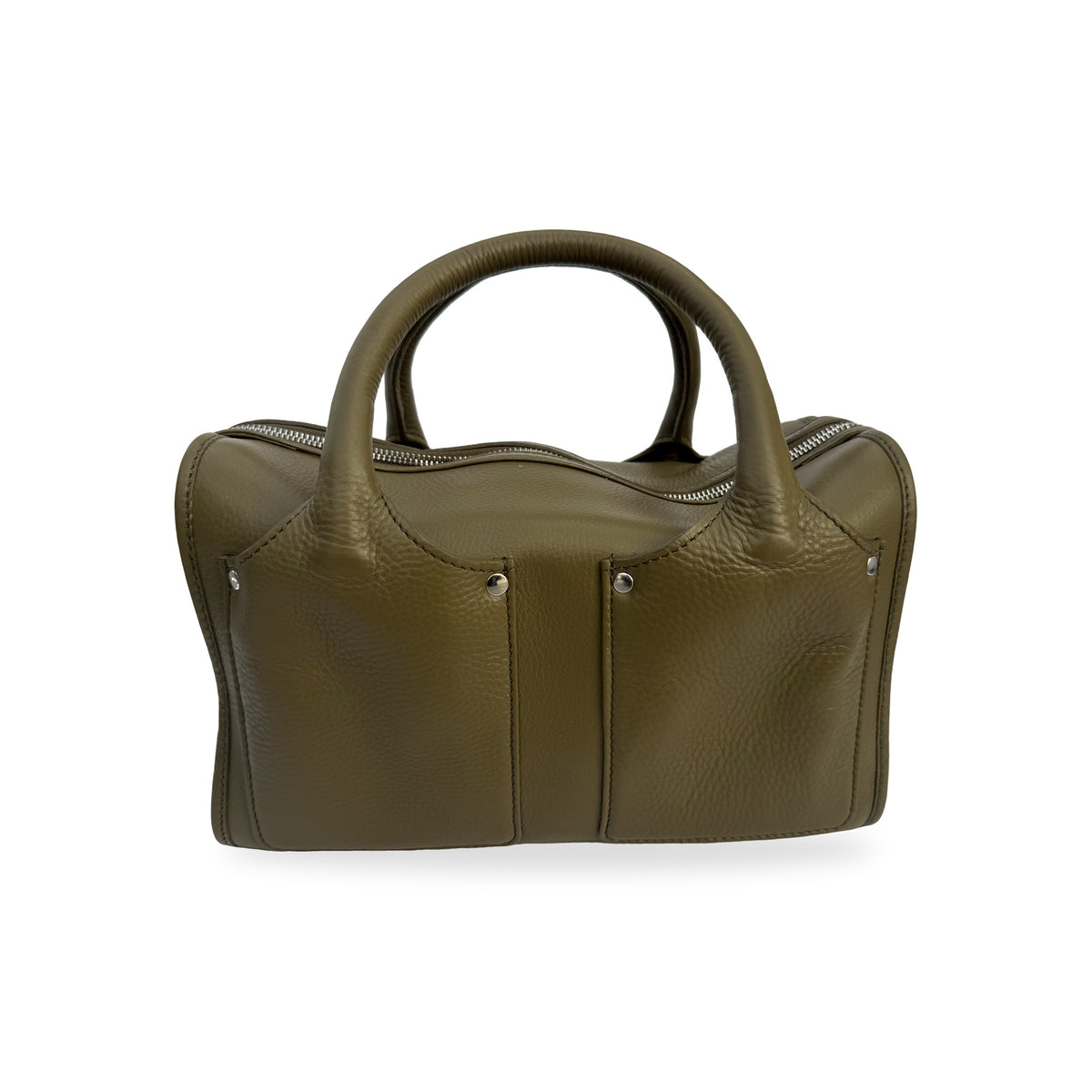 Sapahn Dawn Bowler Bag in Silver Olive Oil Leather #Color_Silver Olive Oil Leather