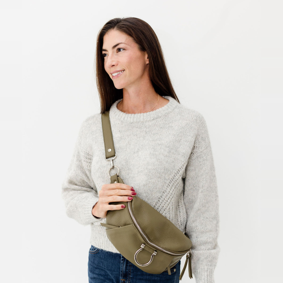 Sapahn Dominique Mini Sling Bag in Silver Olive Oil Leather #Color_Silver Olive Oil Leather