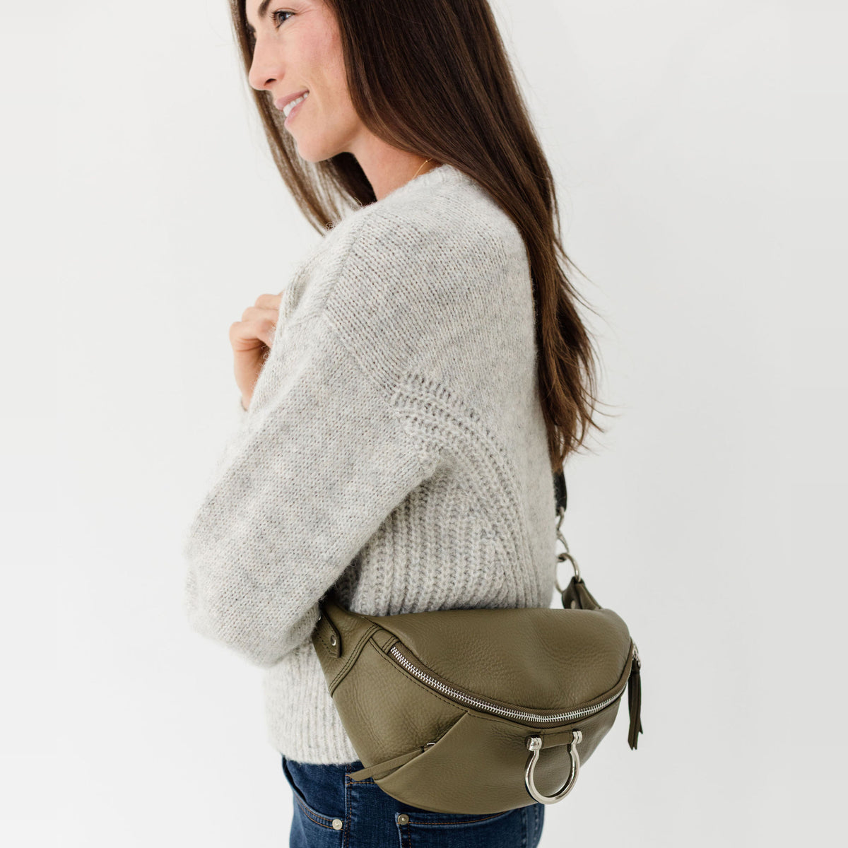 Sapahn Dominique Mini Sling Bag in Silver Olive Oil Leather #Color_Silver Olive Oil Leather