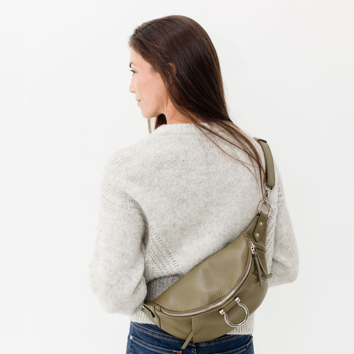 Sapahn Dominique Mini Sling Bag in Silver Olive Oil Leather #Color_Silver Olive Oil Leather