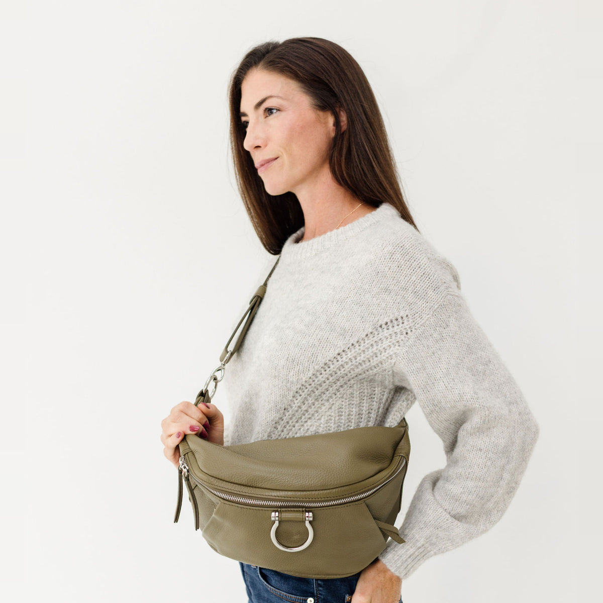 Sapahn Dominique Sling Bag in Silver Olive Oil Leather #Color_Silver Olive Oil Leather