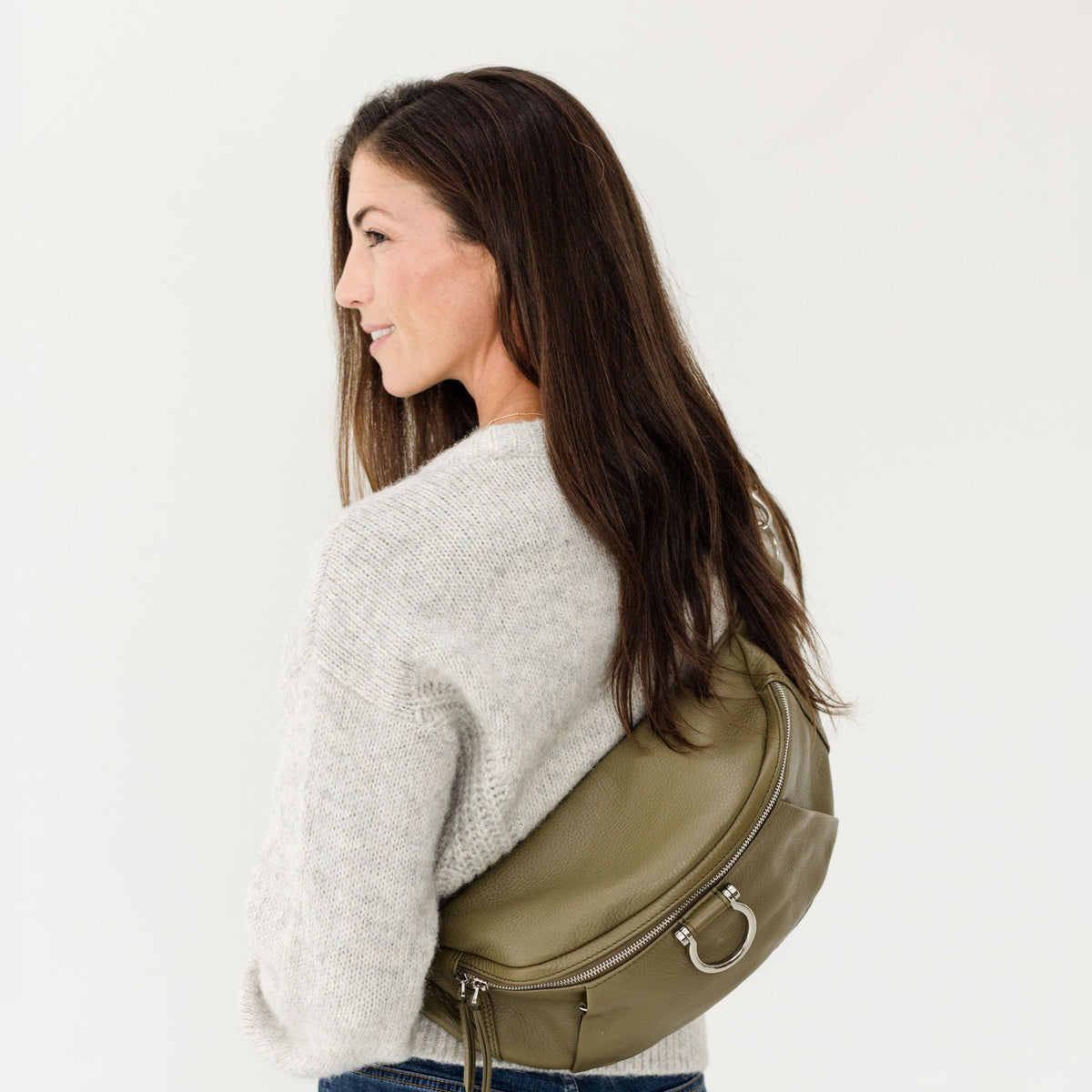 Sapahn Dominique Sling Bag in Silver Olive Oil Leather #Color_Silver Olive Oil Leather