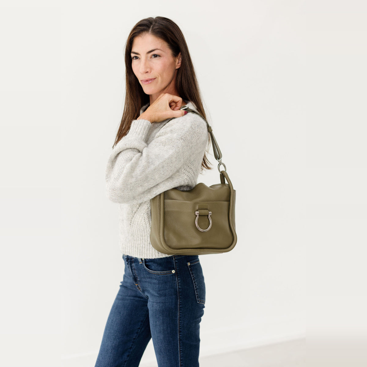 Sapahn Frida Shoulder Bag in Silver Olive Oil Leather #Color_Silver Olive Oil Leather