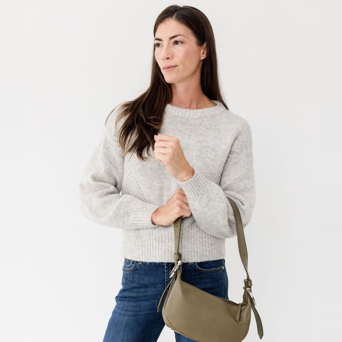 Sapahn Kelly Shoulder Bag in Silver Olive Oil Leather #Color_Silver Olive Oil Leather