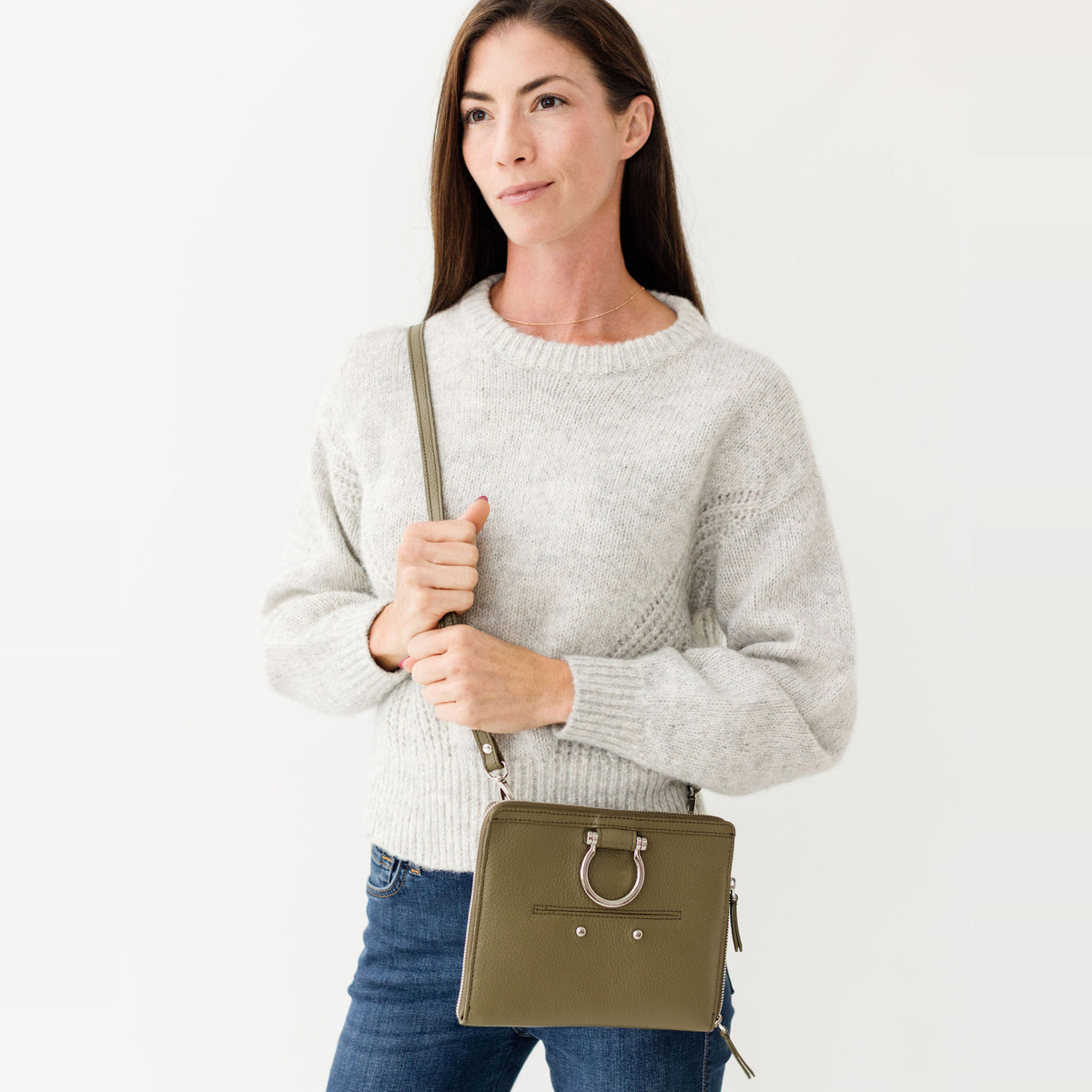 Sapahn M Mini Crossbody in Silver Olive Oil Leather #Color_Silver Olive Oil Leather