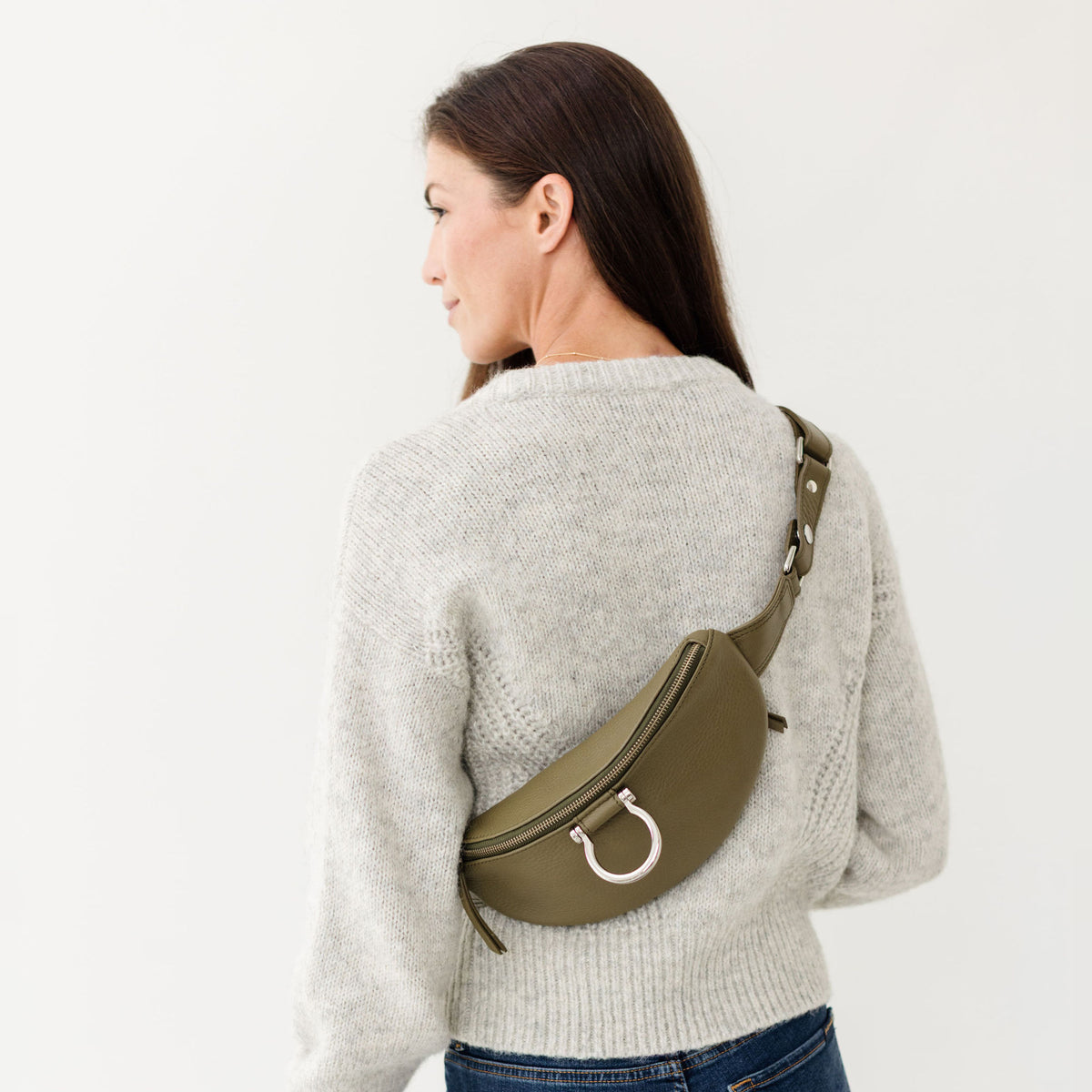 Sapahn Poole Belt Bag in Silver Olive Oil Leather #Color_Silver Olive Oil Leather