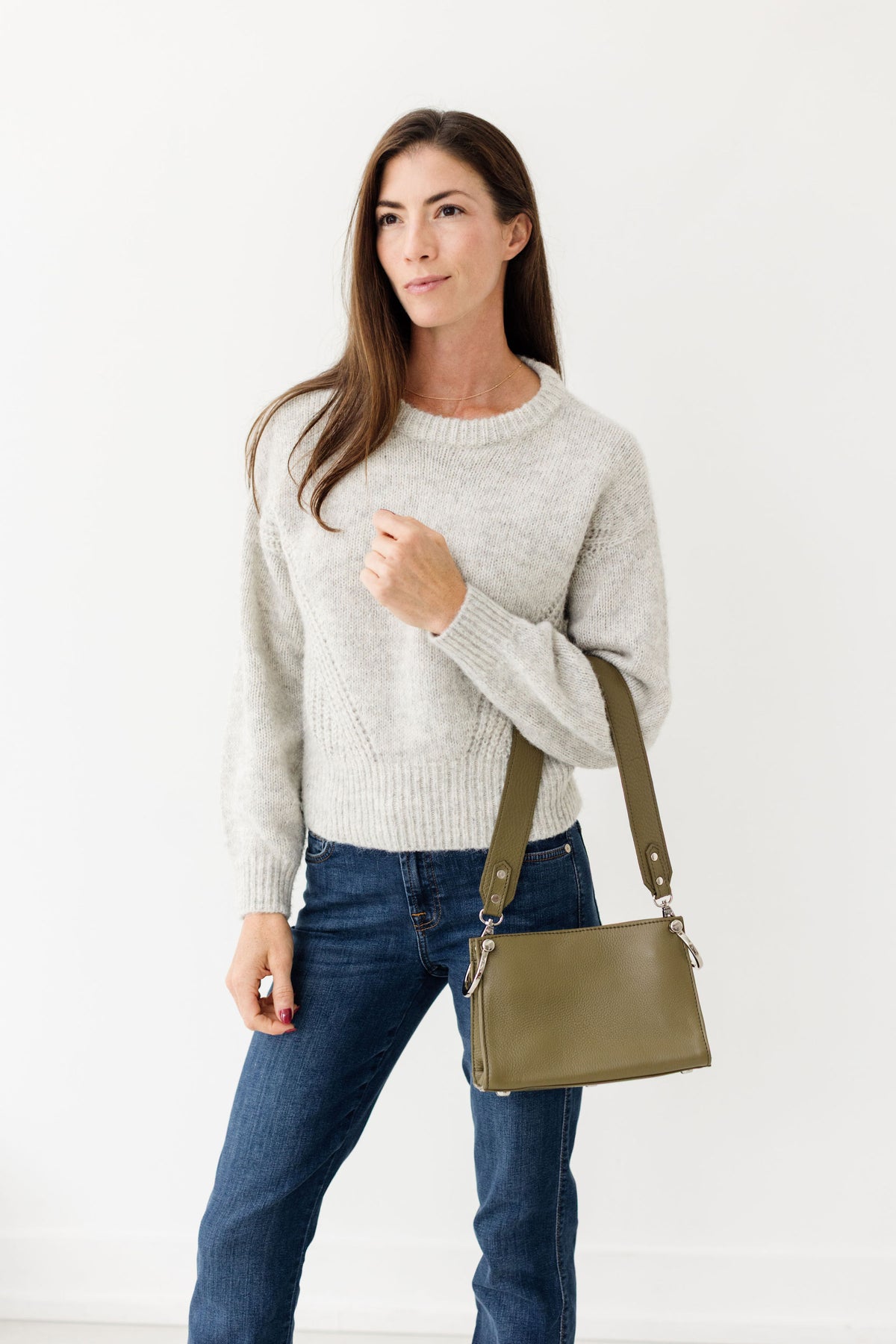 Sapahn Stoll Shoulder Bag in Silver Olive Oil Leather #Color_Silver Olive Oil Leather