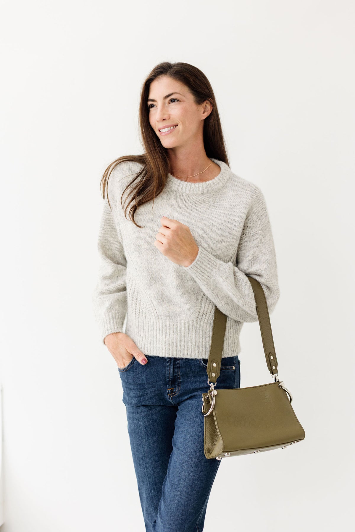 Sapahn Stoll Shoulder Bag in Silver Olive Oil Leather #Color_Silver Olive Oil Leather