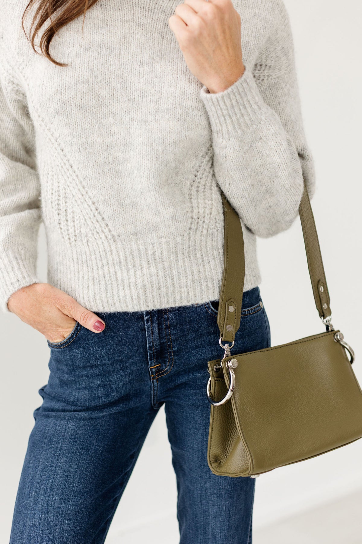 Sapahn Stoll Shoulder Bag in Silver Olive Oil Leather #Color_Silver Olive Oil Leather