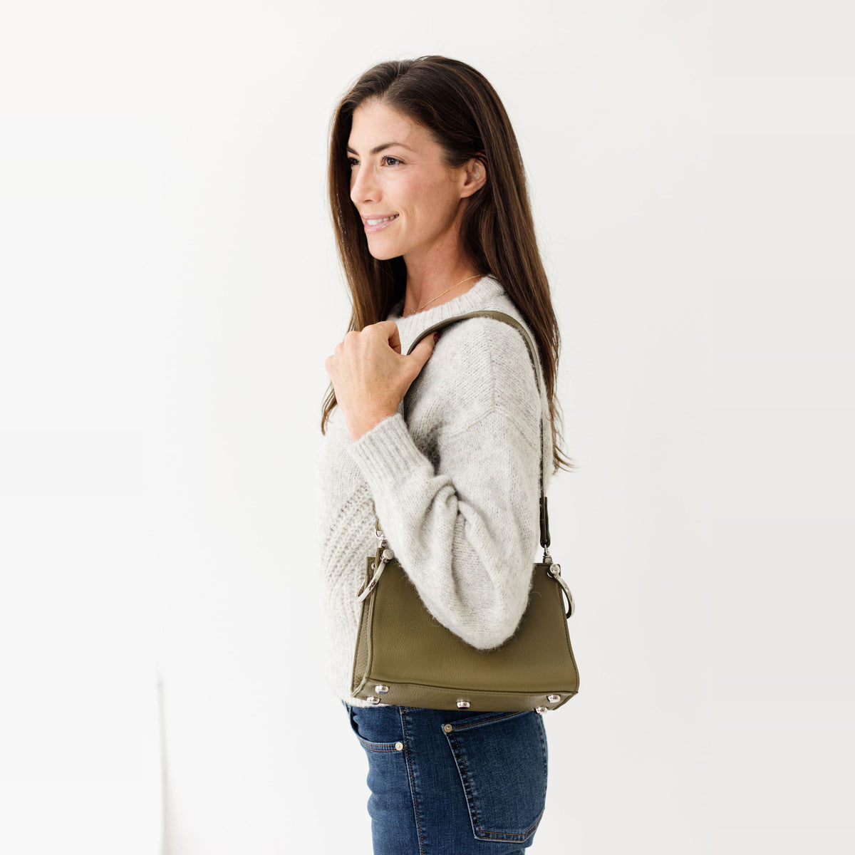 Sapahn Stoll Shoulder Bag in Silver Olive Oil Leather #Color_Silver Olive Oil Leather