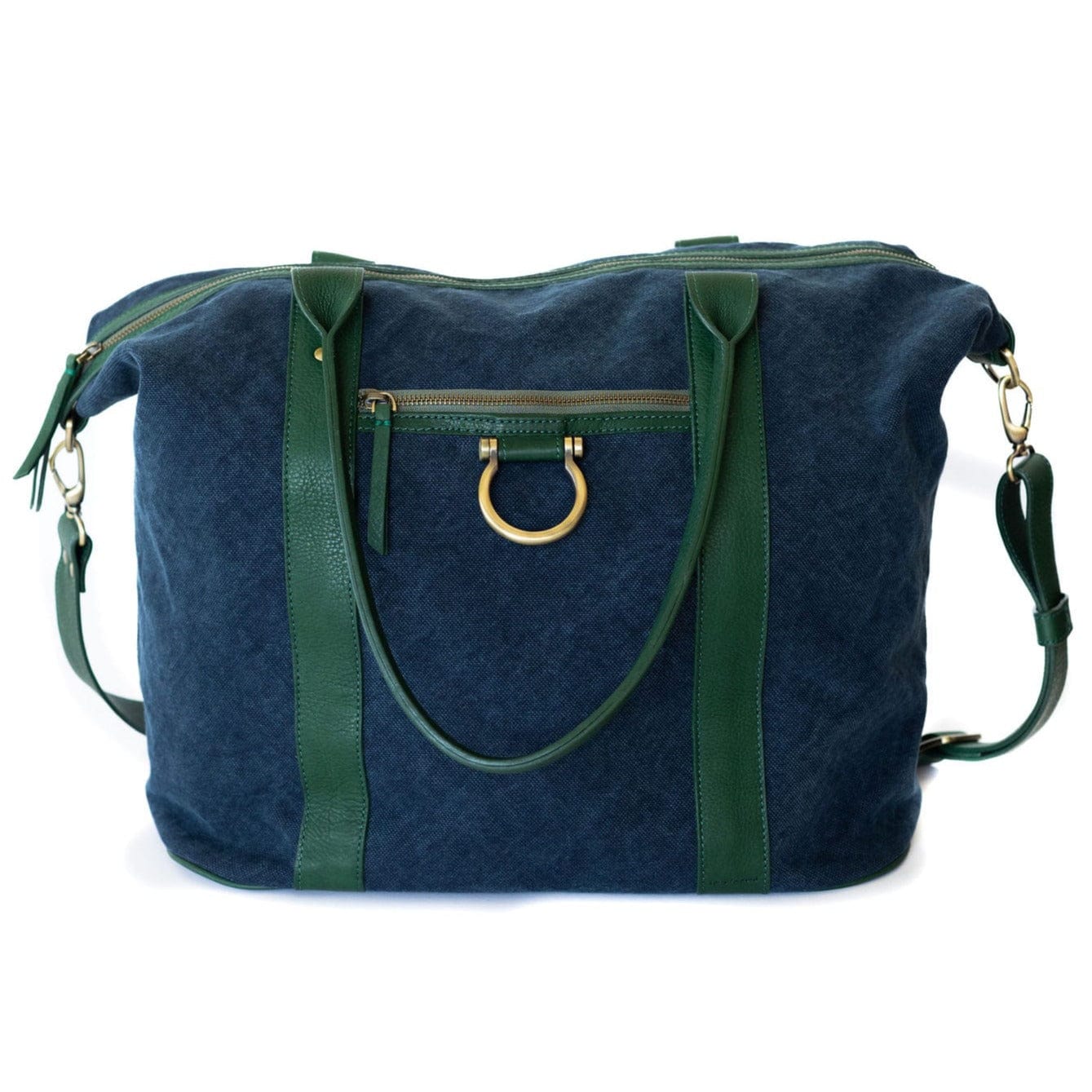 So Honey Canvas Weekender - Blue Canvas Kelly Green Raw Leather | Sapahn.