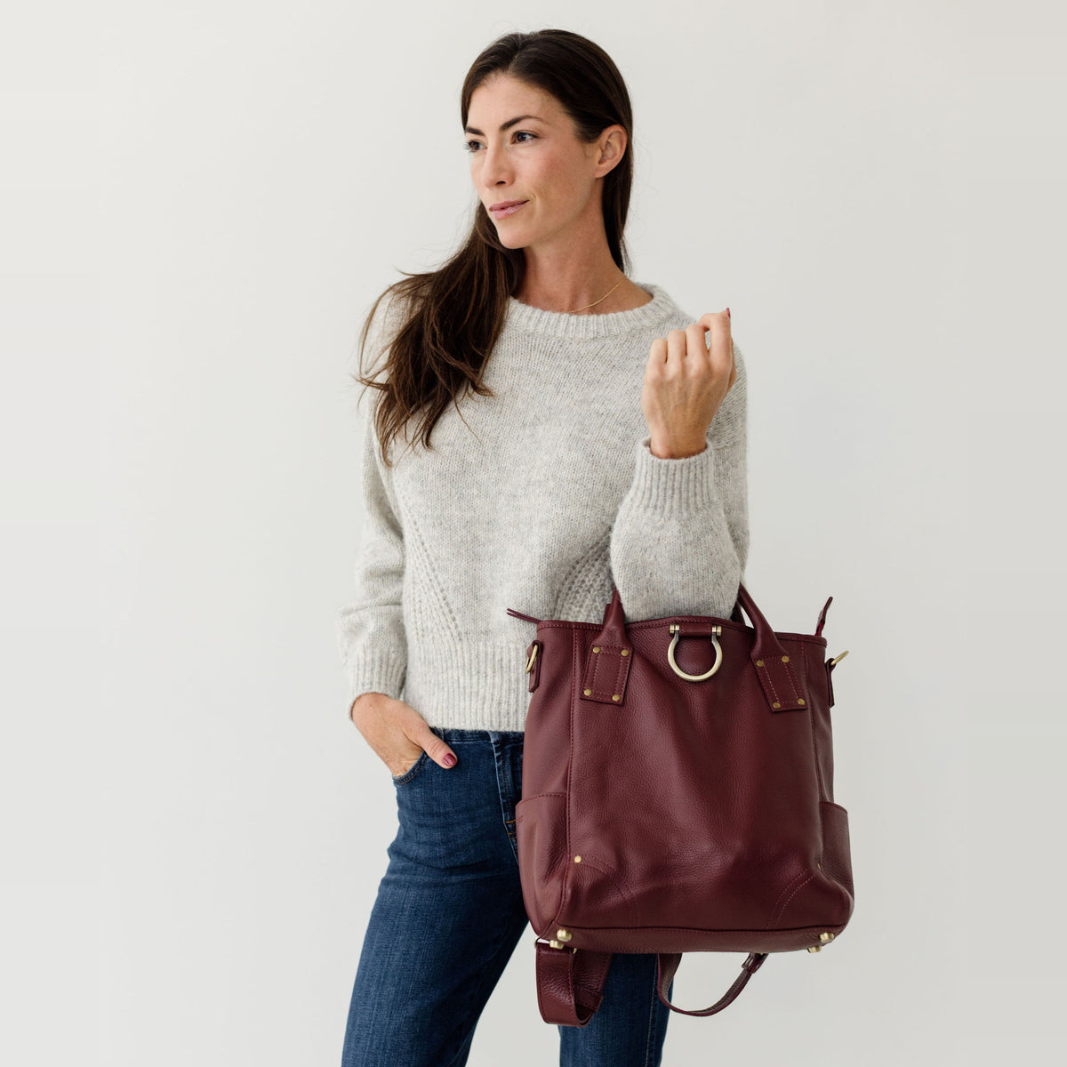Sapahn Chloe Convertible Backpack and Crossbody Bag in Burgundy Oil Leather #Color_Burgundy Oil Leather