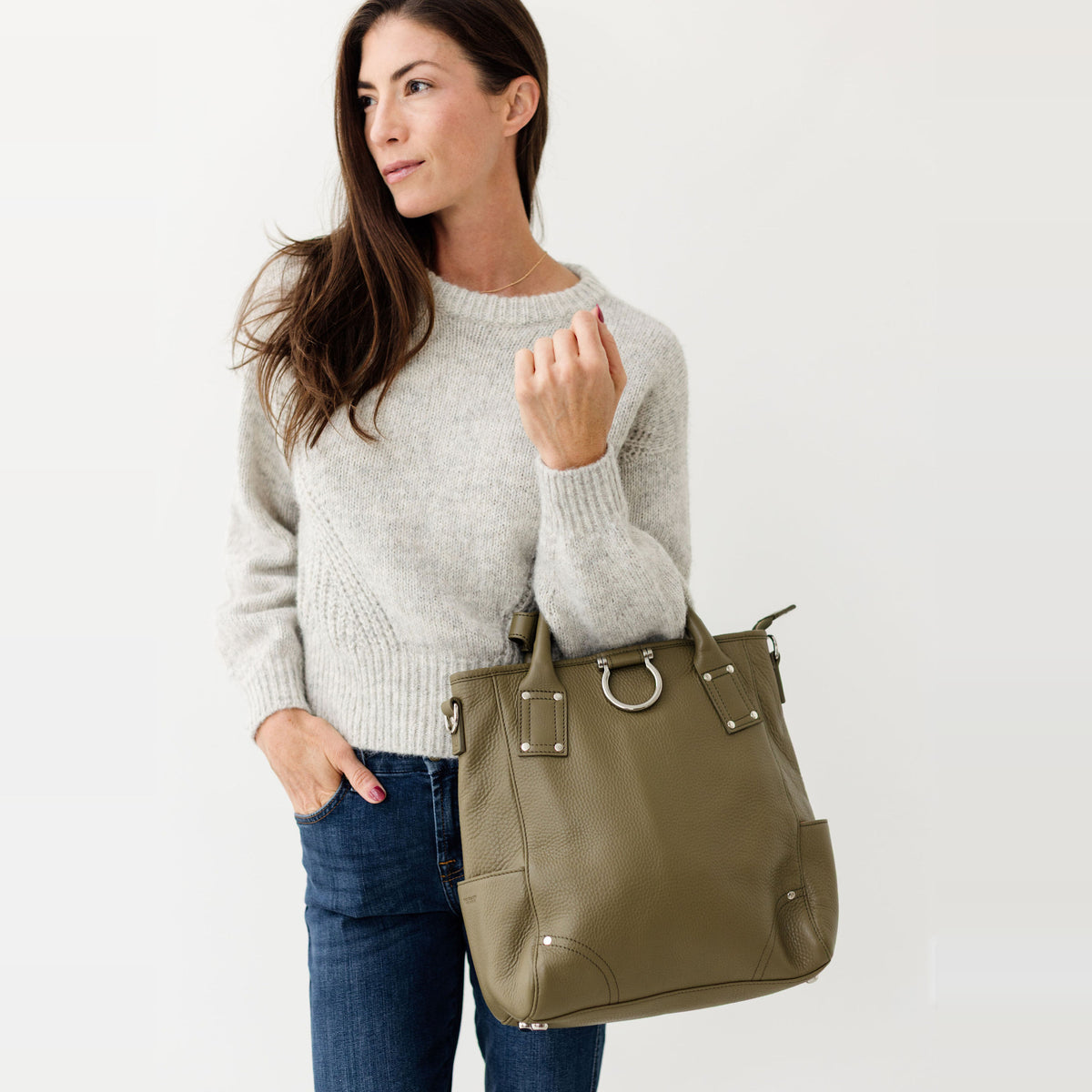 Sapahn Chloe Convertible Backpack and Crossbody Bag in Silver Olive Oil Leather #Color_Silver Olive Oil Leather
