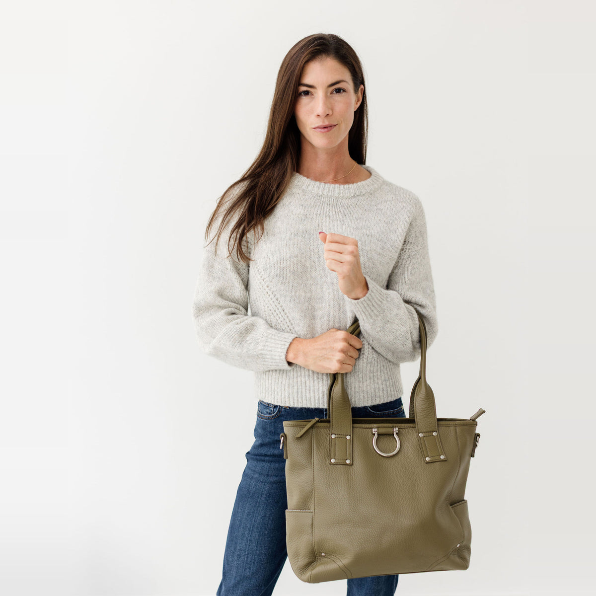 Sapahn Chloe Tote Bag in Silver Olive Oil Leather #Color_Silver Olive Oil Leather