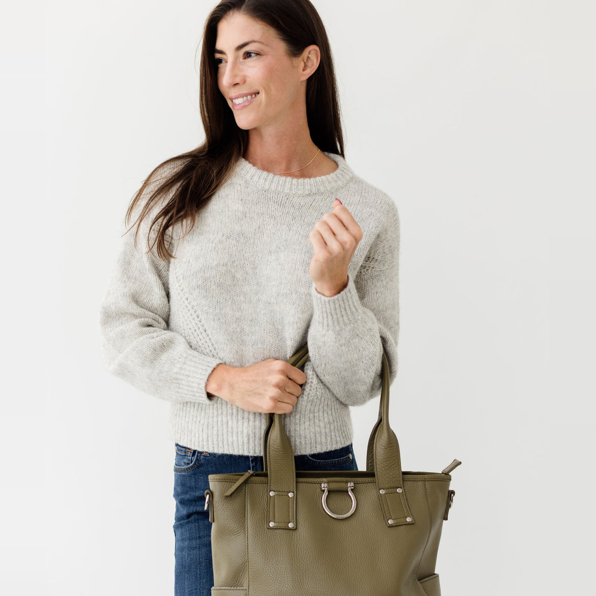 Sapahn Chloe Tote Bag in Silver Olive Oil Leather #Color_Silver Olive Oil Leather