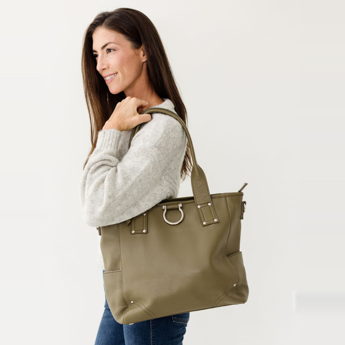 Sapahn Chloe Tote Bag in Silver Olive Oil Leather #Color_Silver Olive Oil Leather
