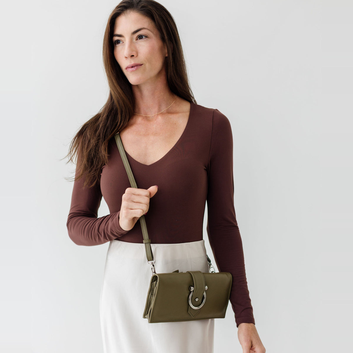 Sapahn Ciara Crossbody and Wallet in Silver Olive Oil Leather #Color_Silver Olive Oil Leather