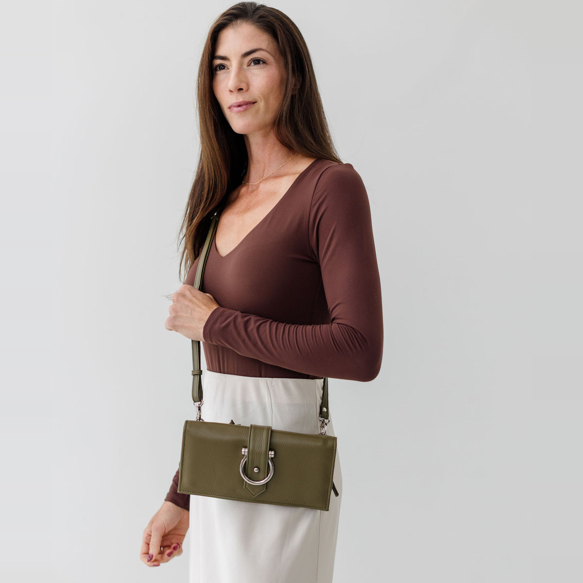 Sapahn Ciara Crossbody and Wallet in Silver Olive Oil Leather #Color_Silver Olive Oil Leather