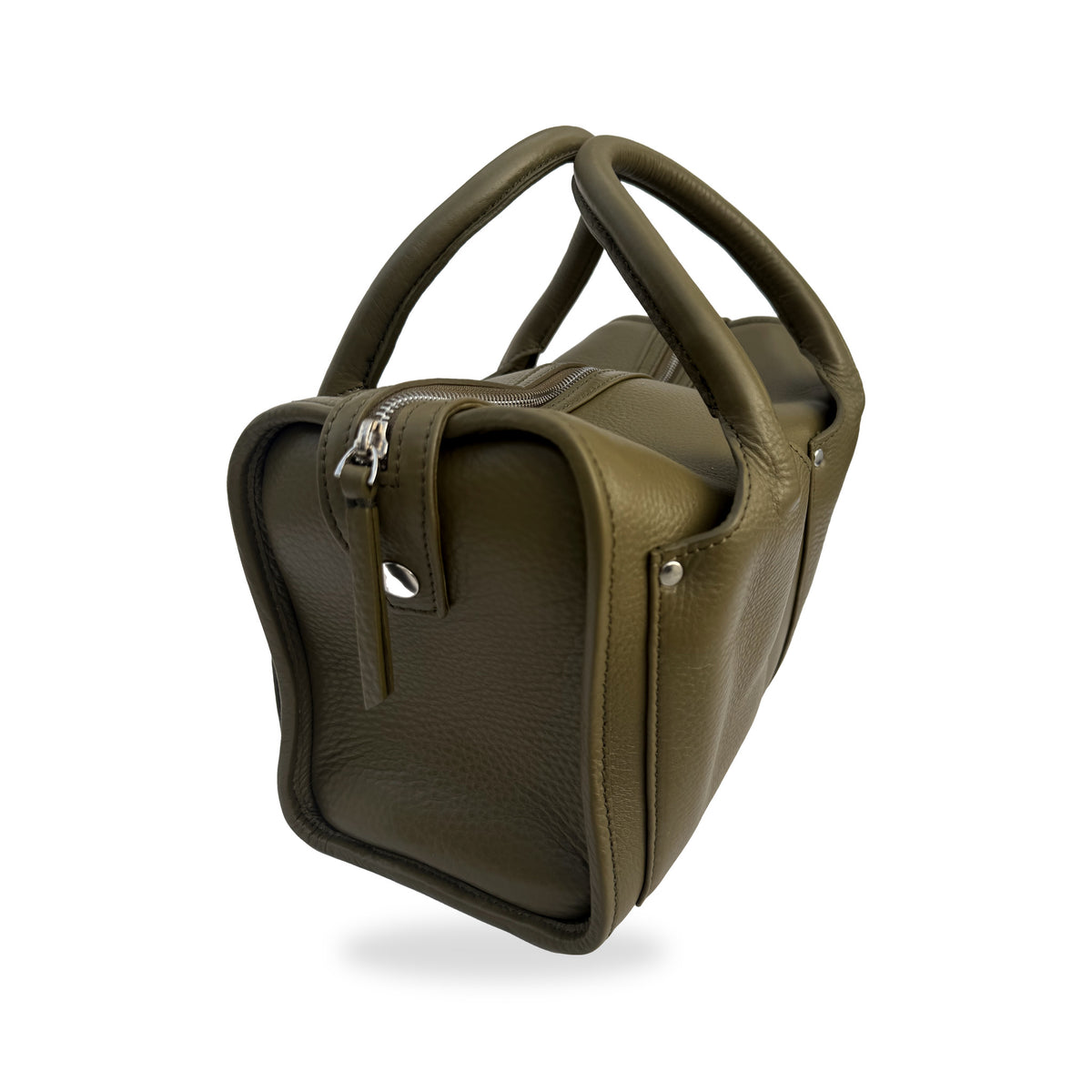 Sapahn Dawn Bowler Bag in Silver Olive Oil Leather #Color_Silver Olive Oil Leather