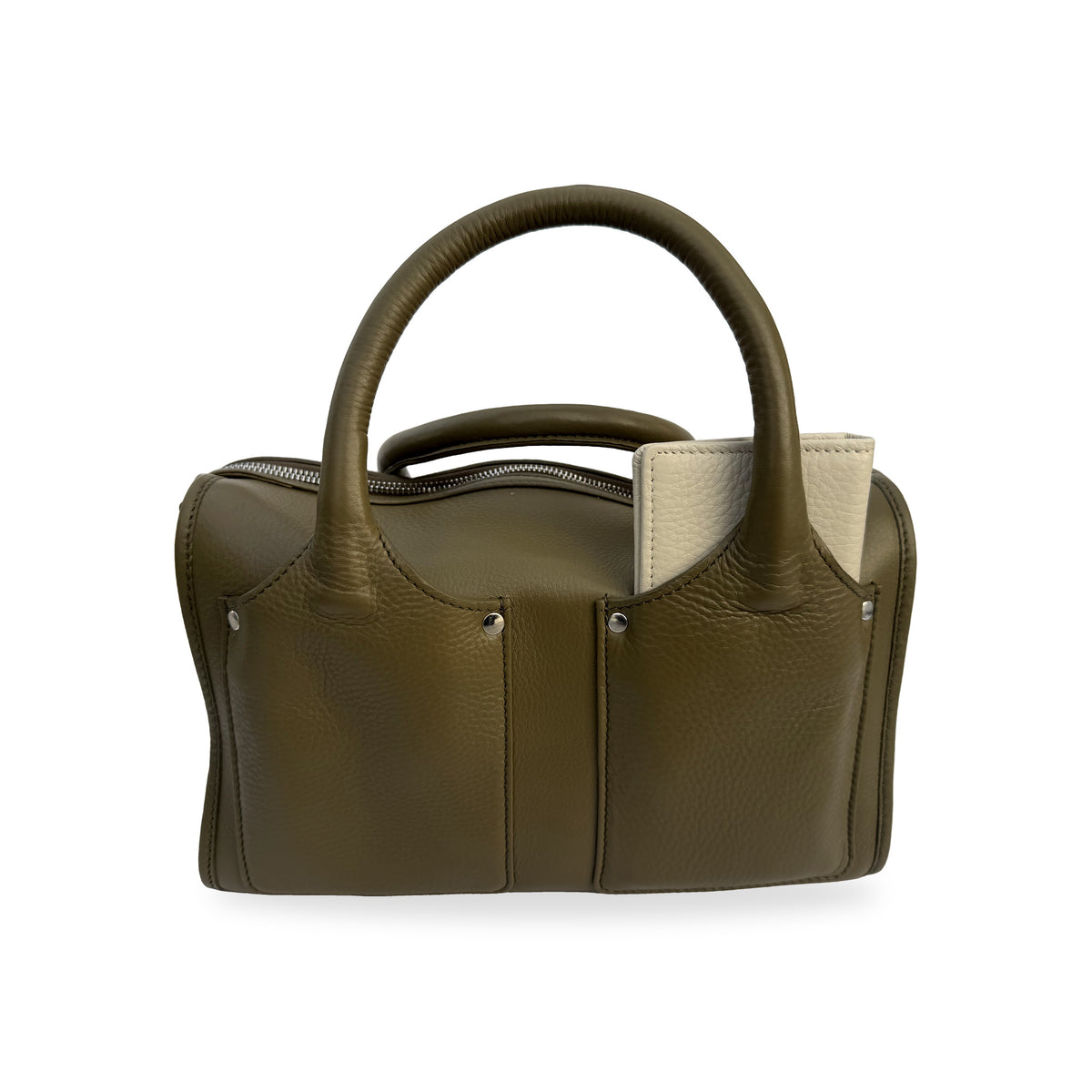 Sapahn Dawn Bowler Bag in Silver Olive Oil Leather #Color_Silver Olive Oil Leather