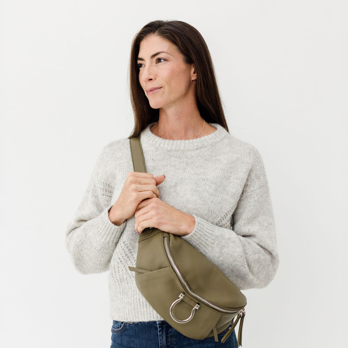 Sapahn Dominique Mini Sling Bag in Silver Olive Oil Leather #Color_Silver Olive Oil Leather