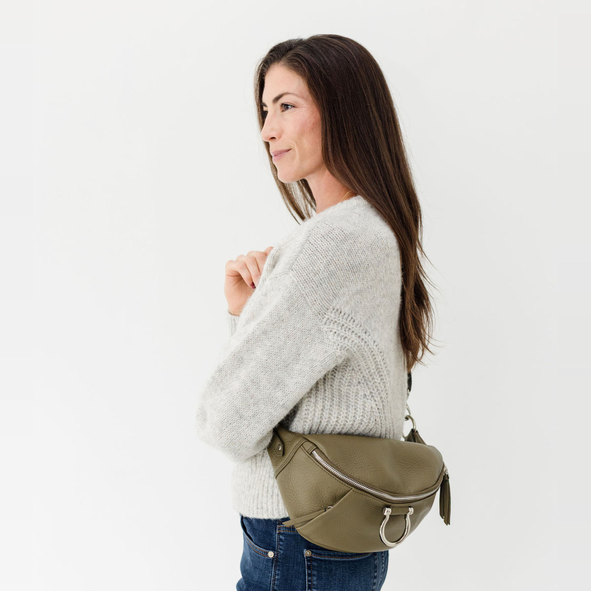 Sapahn Dominique Mini Sling Bag in Silver Olive Oil Leather #Color_Silver Olive Oil Leather