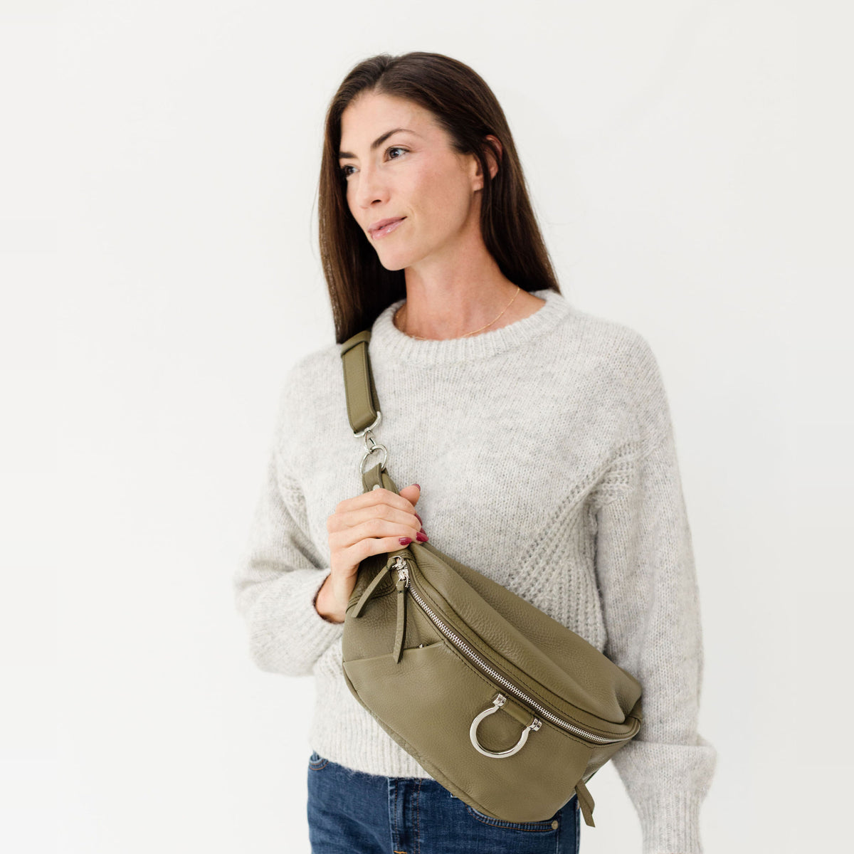 Sapahn Dominique Sling Bag in Silver Olive Oil Leather #Color_Silver Olive Oil Leather