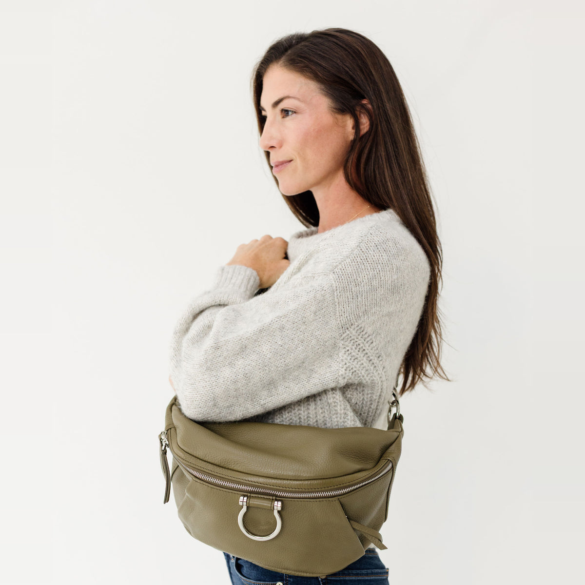 Sapahn Dominique Sling Bag in Silver Olive Oil Leather #Color_Silver Olive Oil Leather