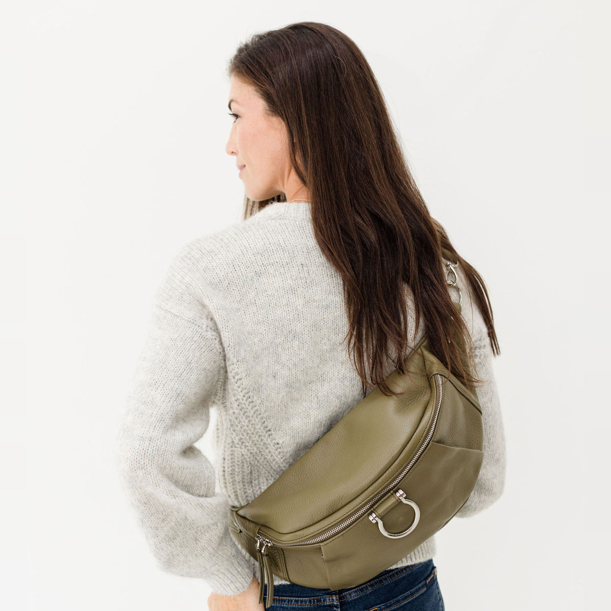 Sapahn Dominique Sling Bag in Silver Olive Oil Leather #Color_Silver Olive Oil Leather
