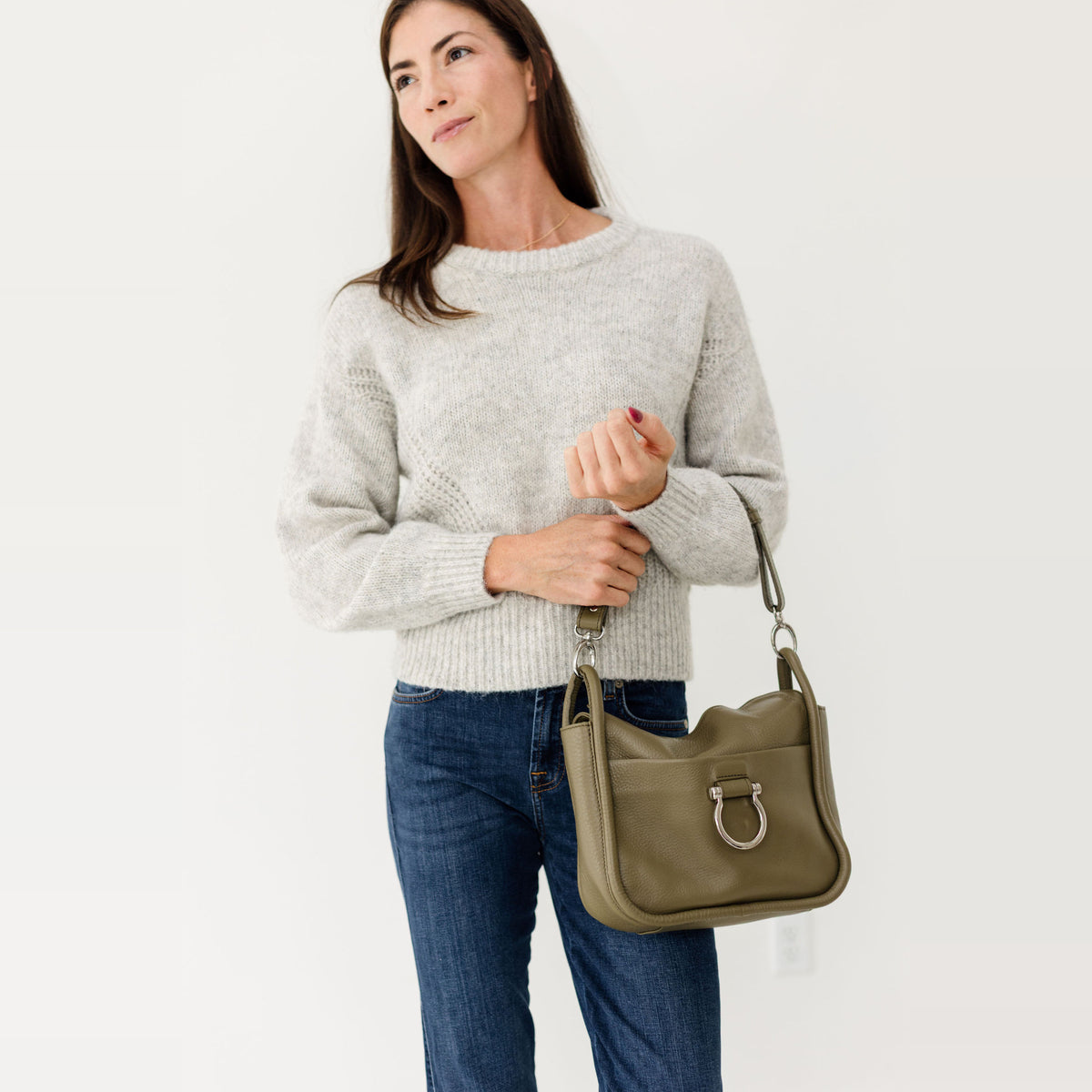 Sapahn Frida Shoulder Bag in Silver Olive Oil Leather #Color_Silver Olive Oil Leather