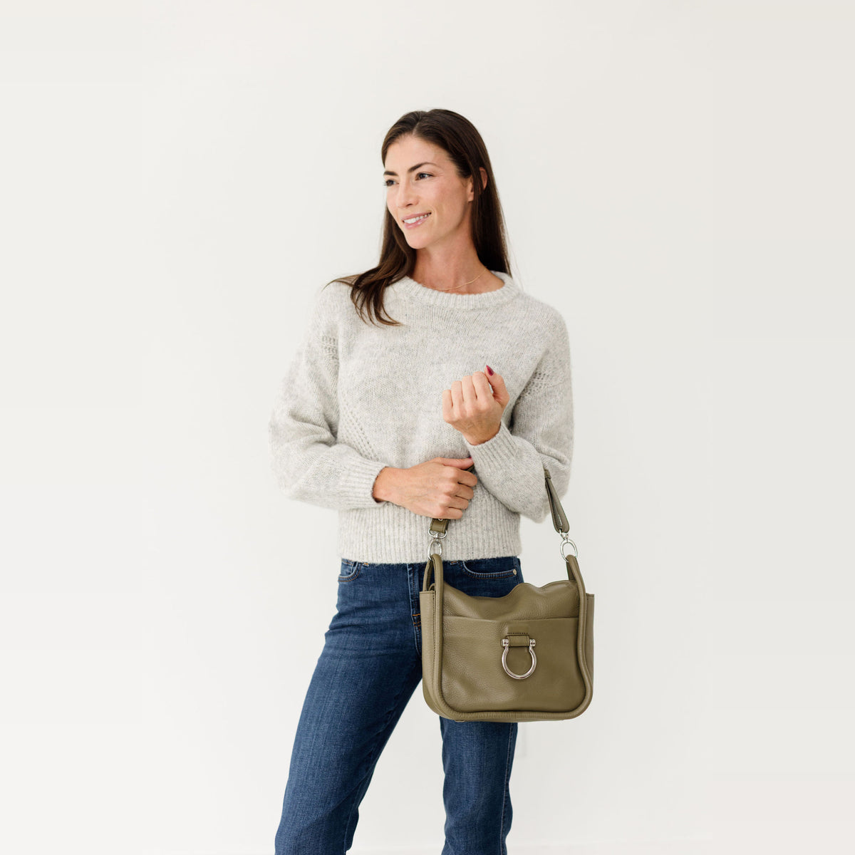 Sapahn Frida Shoulder Bag in Silver Olive Oil Leather #Color_Silver Olive Oil Leather