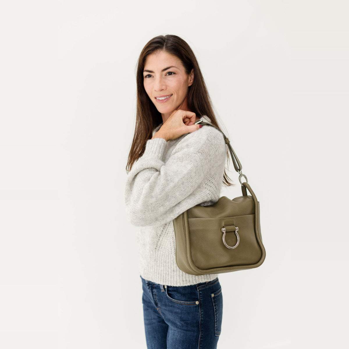 Sapahn Frida Shoulder Bag in Silver Olive Oil Leather #Color_Silver Olive Oil Leather