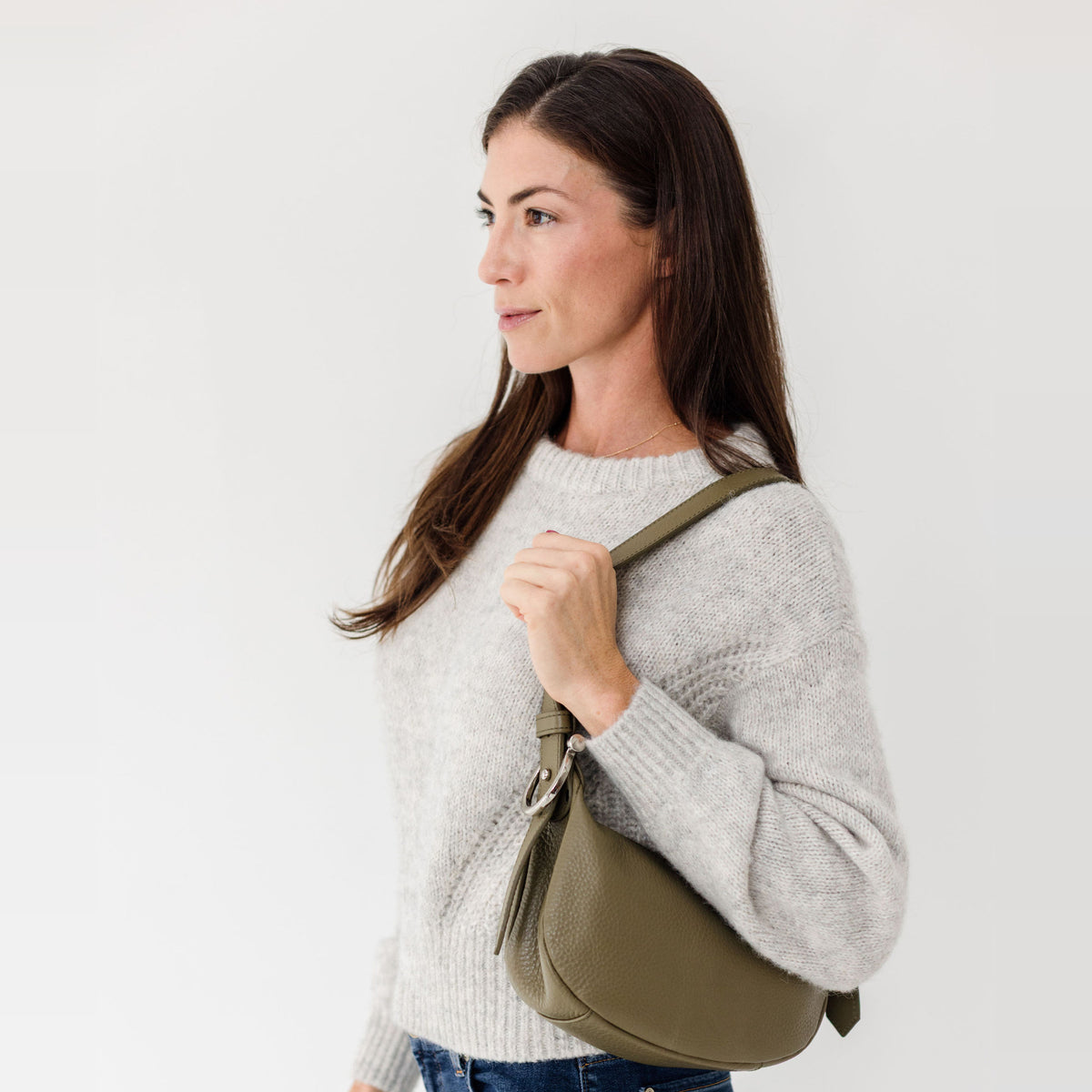 Sapahn Kelly Shoulder Bag in Silver Olive Oil Leather #Color_Silver Olive Oil Leather