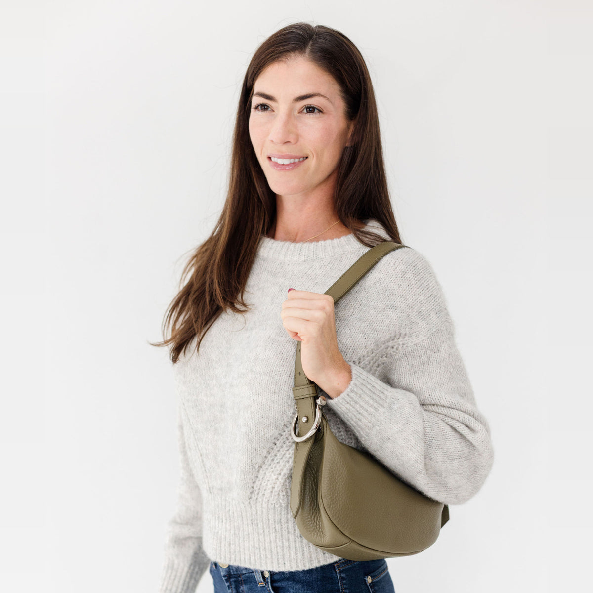 Sapahn Kelly Shoulder Bag in Silver Olive Oil Leather #Color_Silver Olive Oil Leather