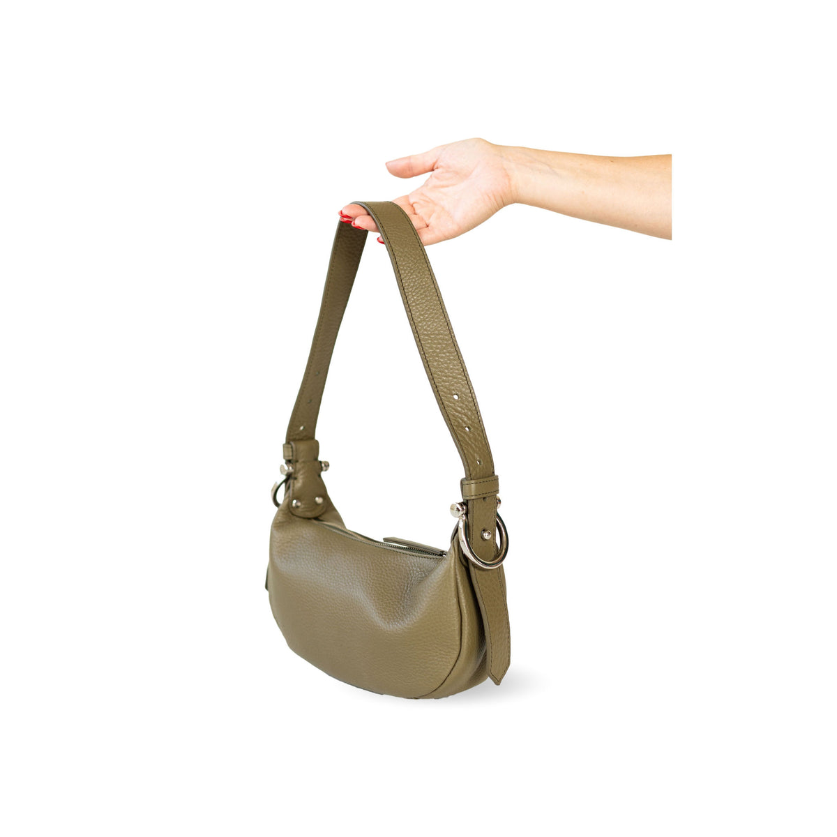 Sapahn Kelly Shoulder Bag in Silver Olive Oil Leather #Color_Silver Olive Oil Leather