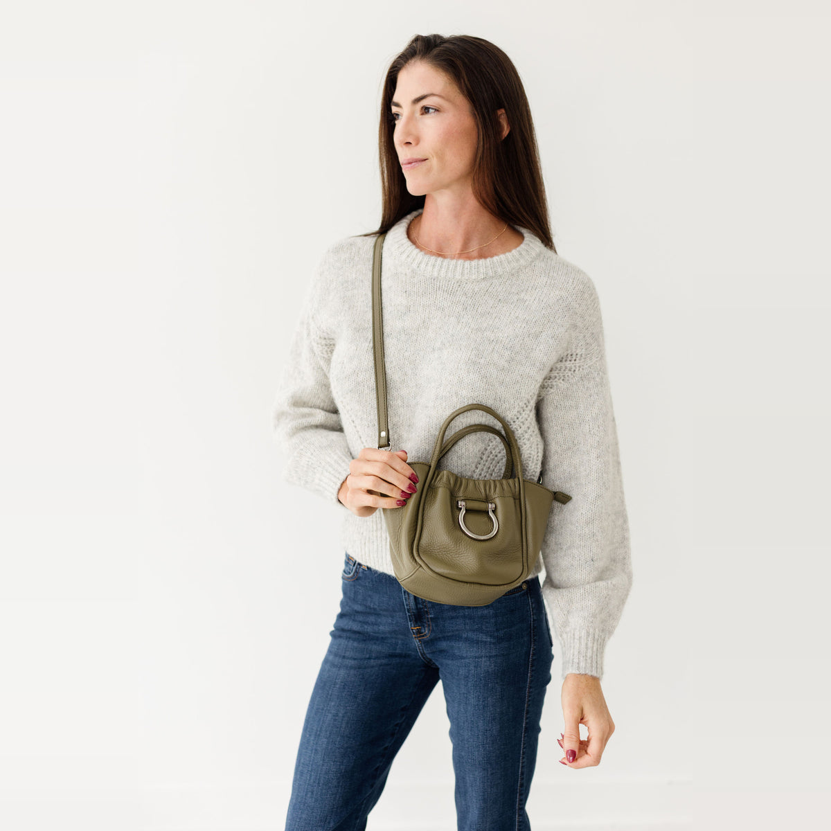 Sapahn Lily Crossbody in Silver Olive Oil Leather #Color_Silver Olive Oil Leather