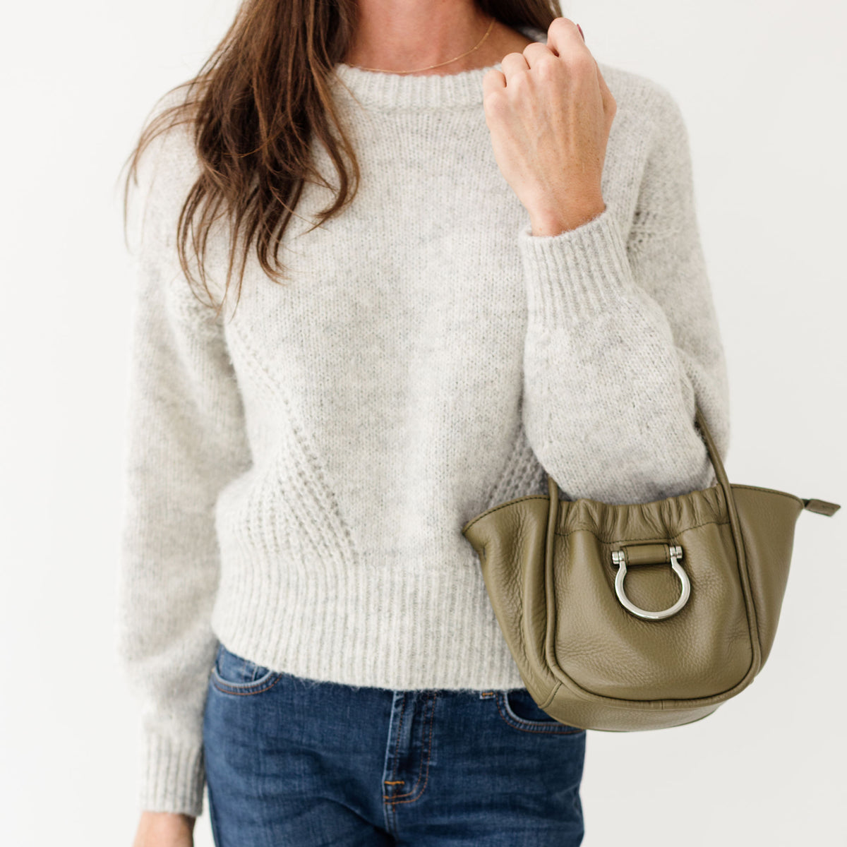 Sapahn Lily Crossbody in Silver Olive Oil Leather #Color_Silver Olive Oil Leather