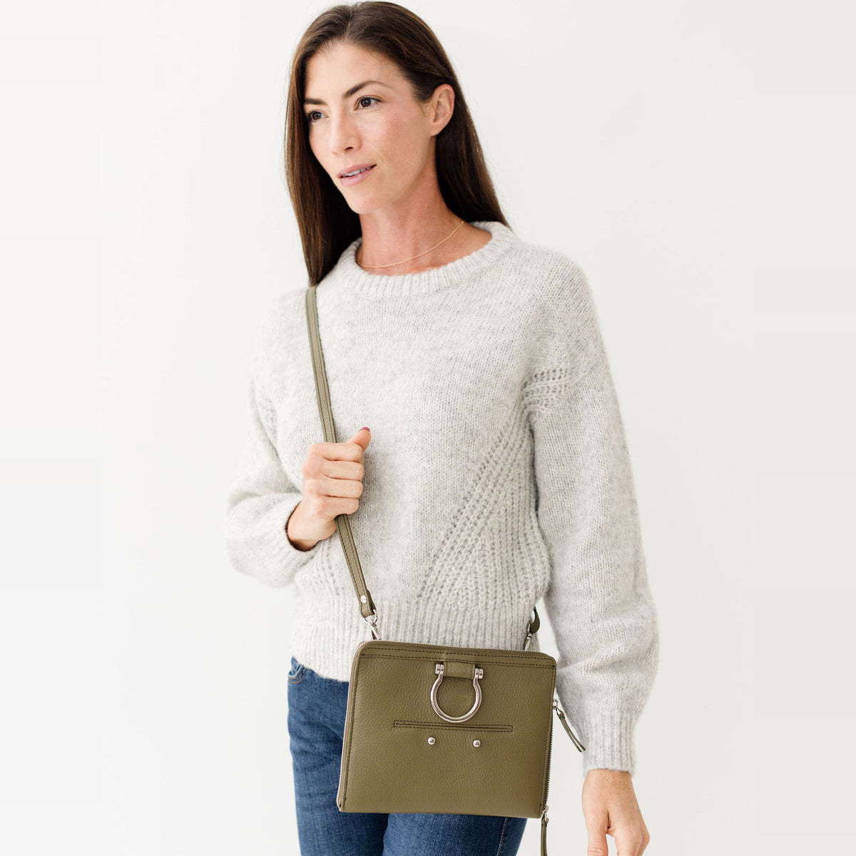Sapahn M Mini Crossbody in Silver Olive Oil Leather #Color_Silver Olive Oil Leather