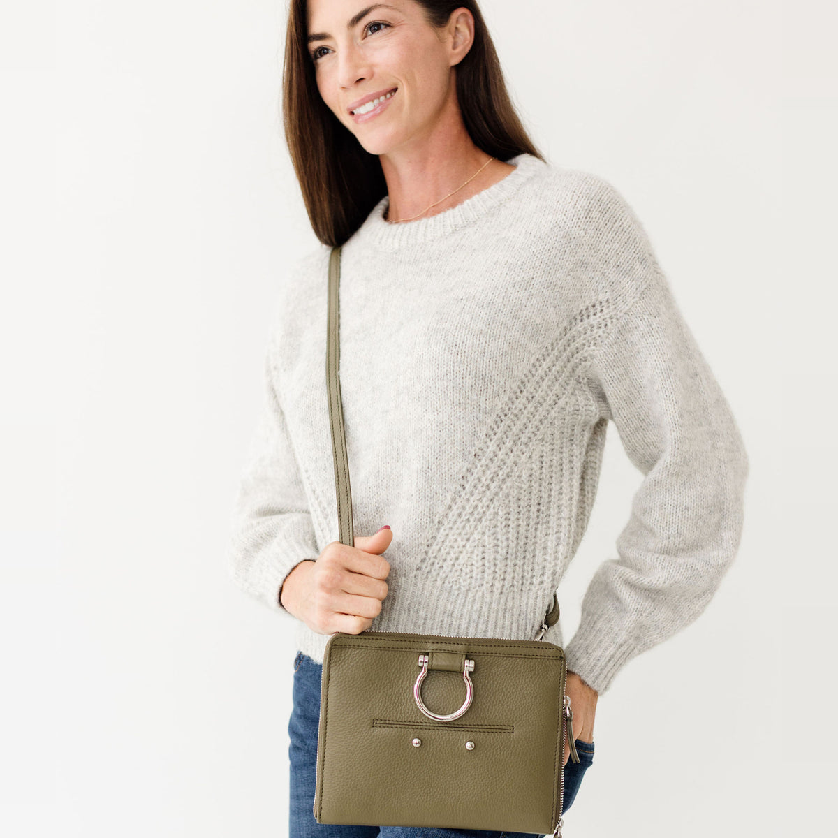 Sapahn M Mini Crossbody in Silver Olive Oil Leather #Color_Silver Olive Oil Leather