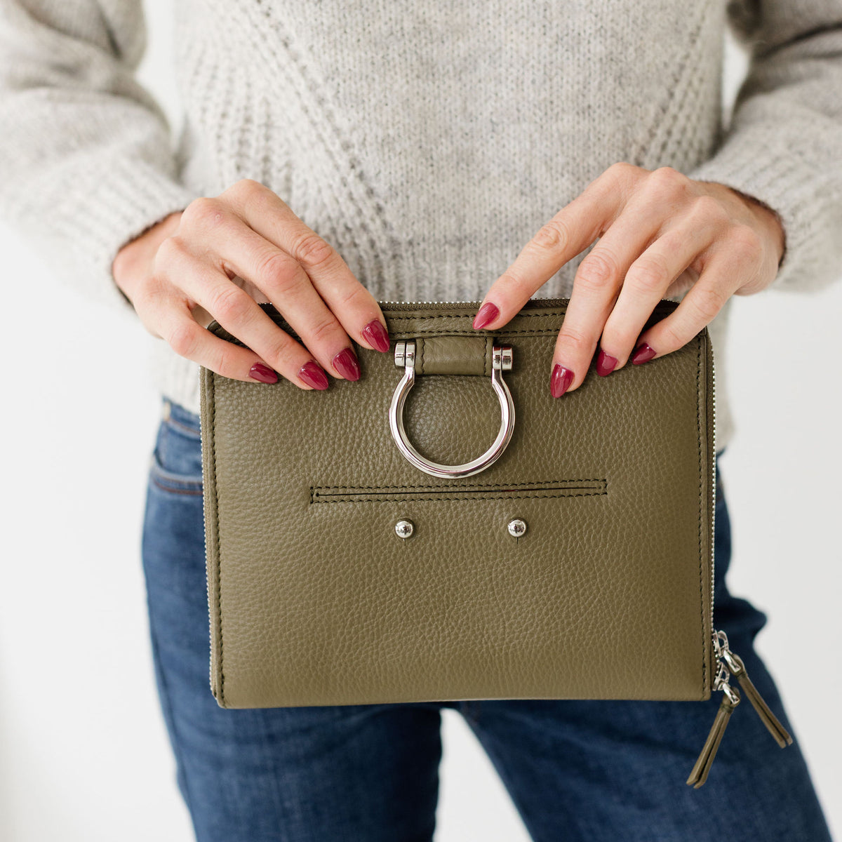 Sapahn M Mini Crossbody in Silver Olive Oil Leather #Color_Silver Olive Oil Leather
