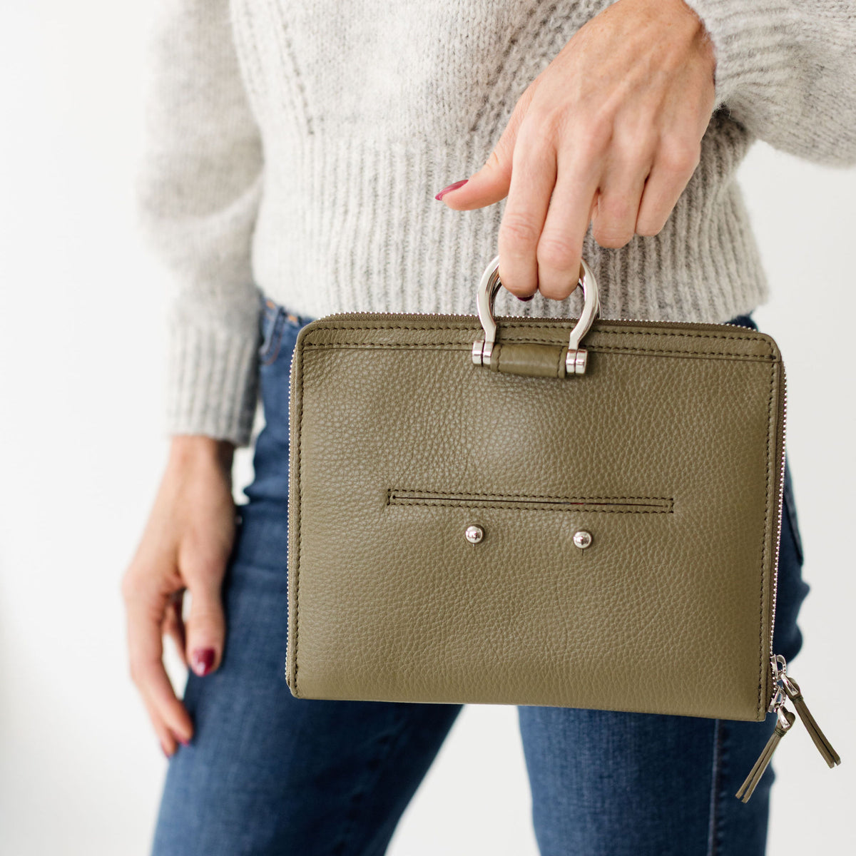 Sapahn M Mini Crossbody in Silver Olive Oil Leather #Color_Silver Olive Oil Leather
