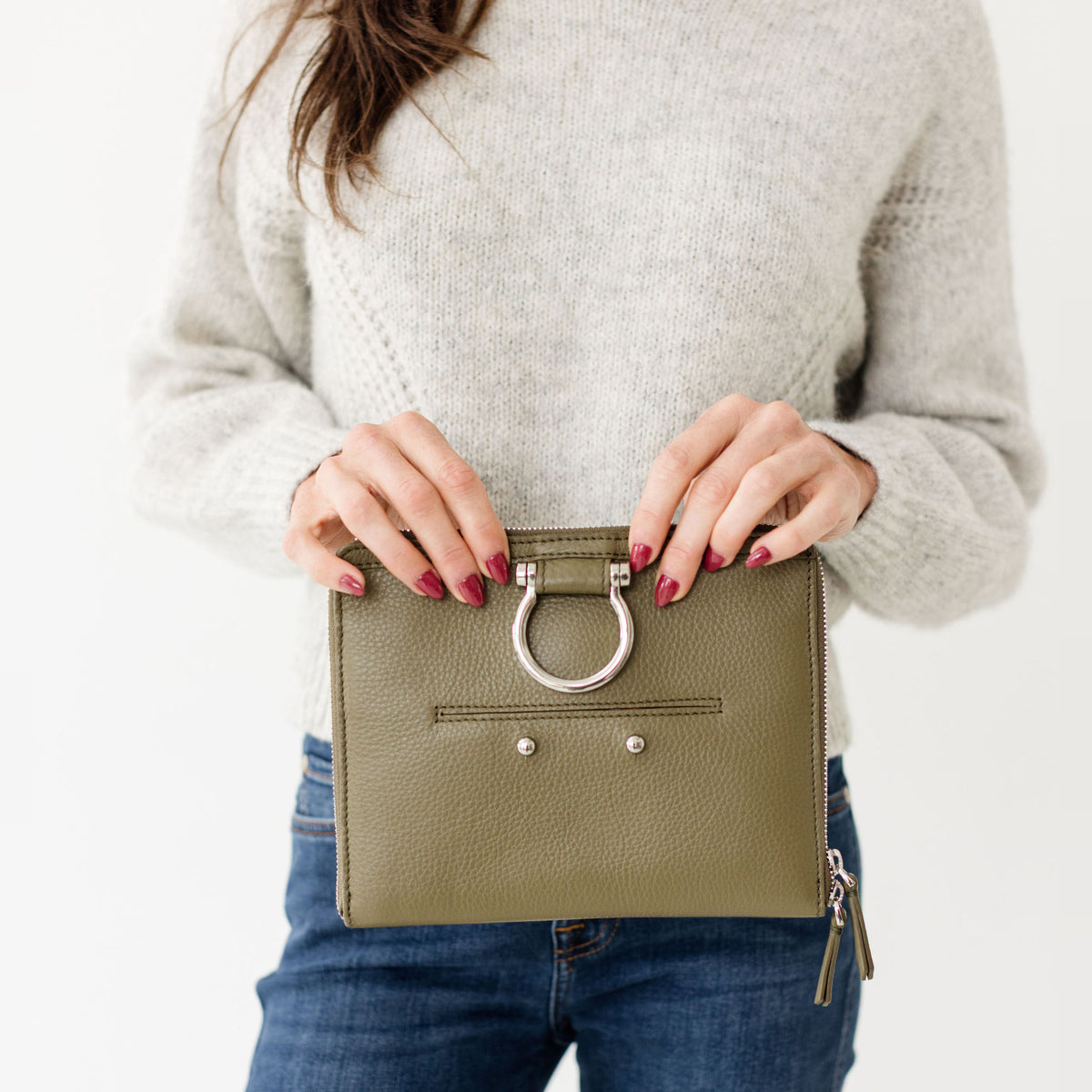 Sapahn M Mini Crossbody in Silver Olive Oil Leather #Color_Silver Olive Oil Leather