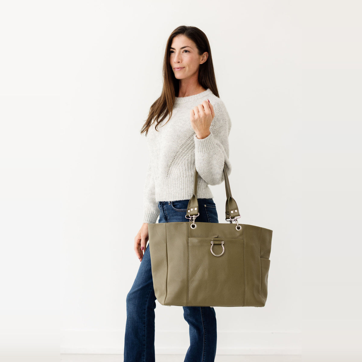 Sapahn Nora Tote Bag in Silver Olive Oil Leather #Color_Silver Olive Oil Leather
