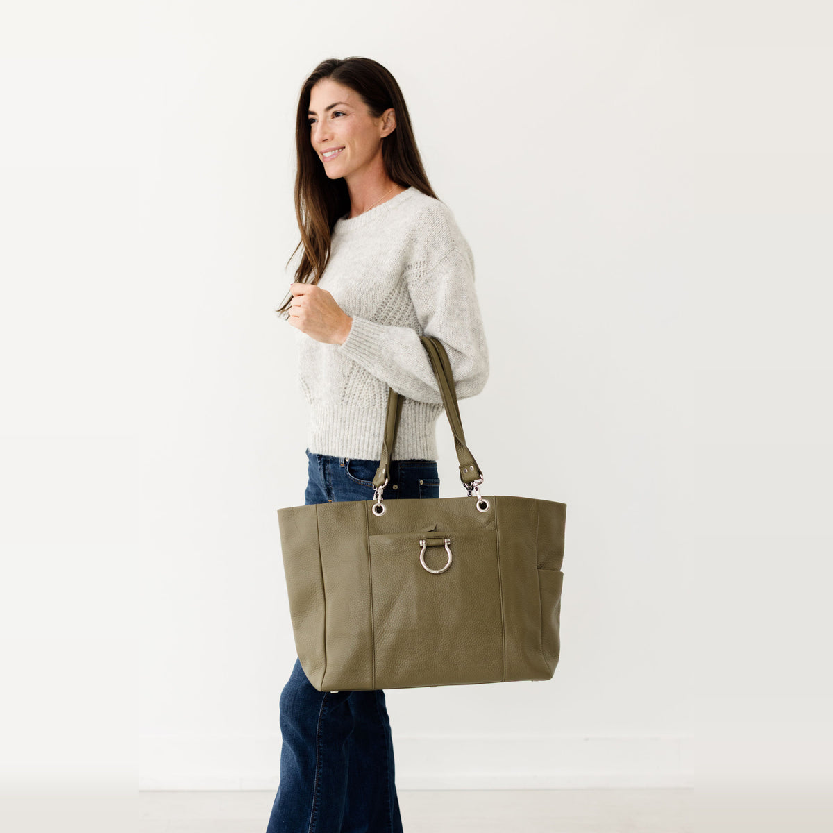 Sapahn Nora Tote Bag in Silver Olive Oil Leather #Color_Silver Olive Oil Leather