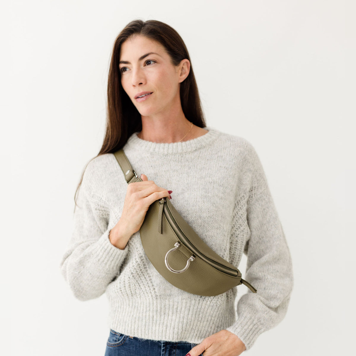 Sapahn Poole Belt Bag in Silver Olive Oil Leather #Color_Silver Olive Oil Leather