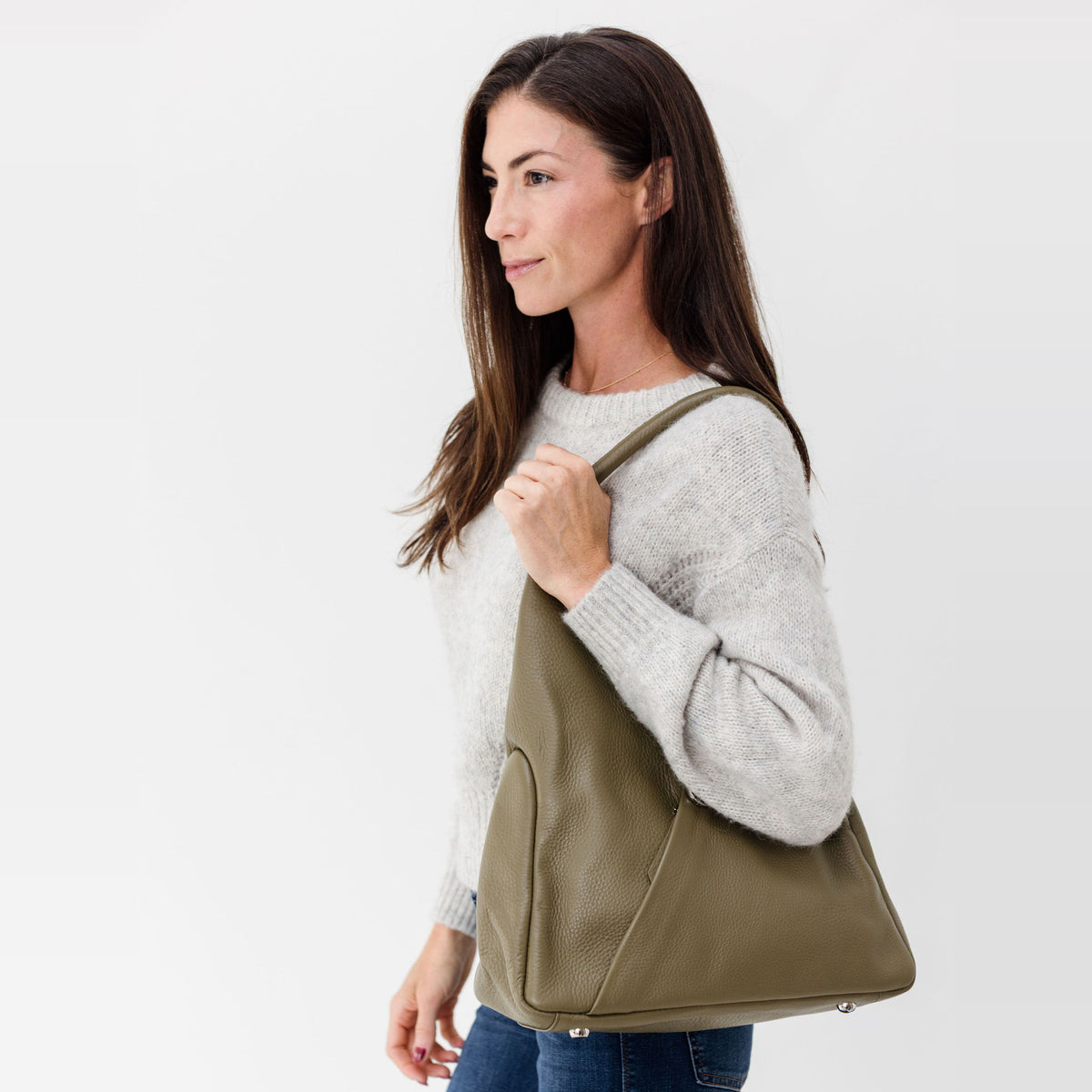 Sapahn Sasha Shoulder Bag in Silver Olive Oil Leather #Color_Silver Olive Oil Leather