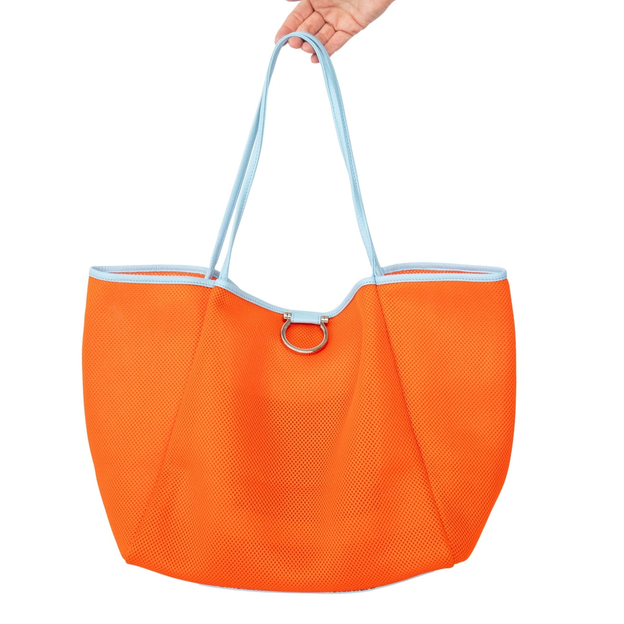 Cherie Mesh Tote Bag - Silver Sky Blue Oil Leather Orange Mesh | Sapahn.