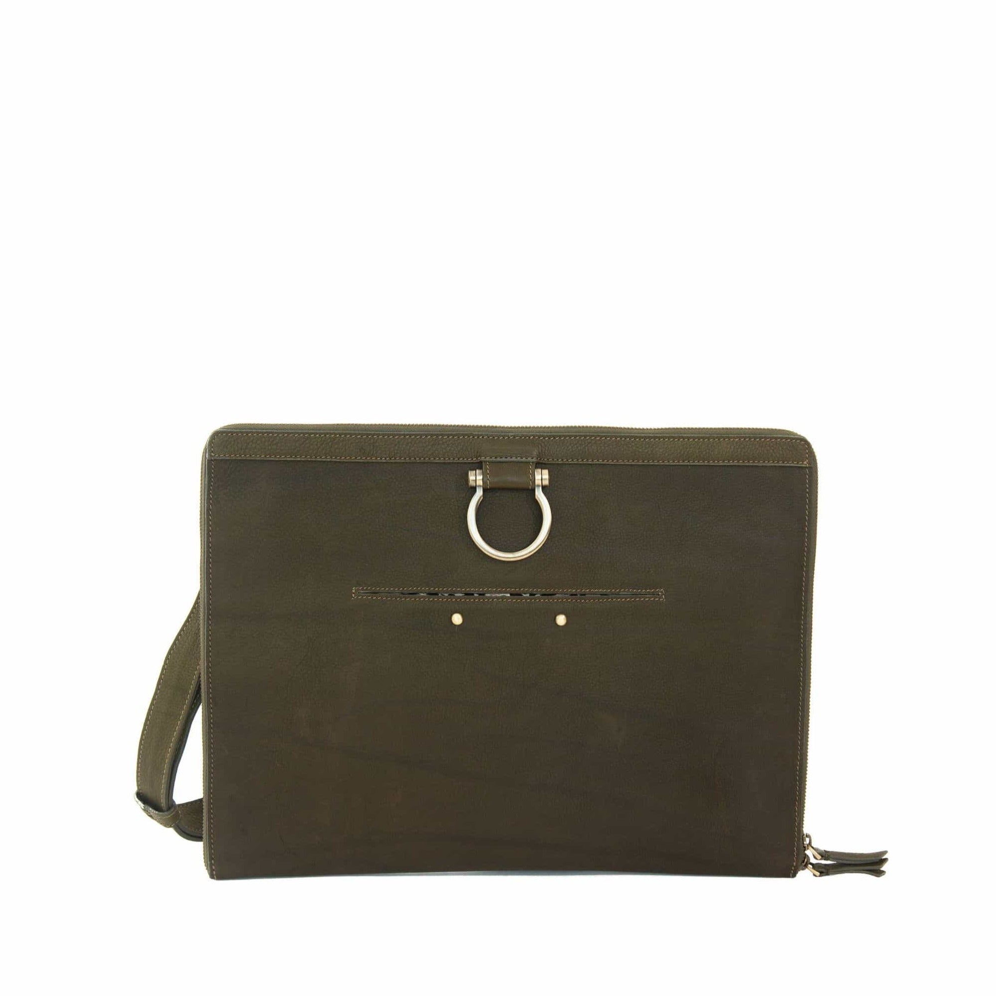 The M XL crossbody bag in olive green raw leather has a zip enclosure, front exterior stud pocket, and Omega hardware.