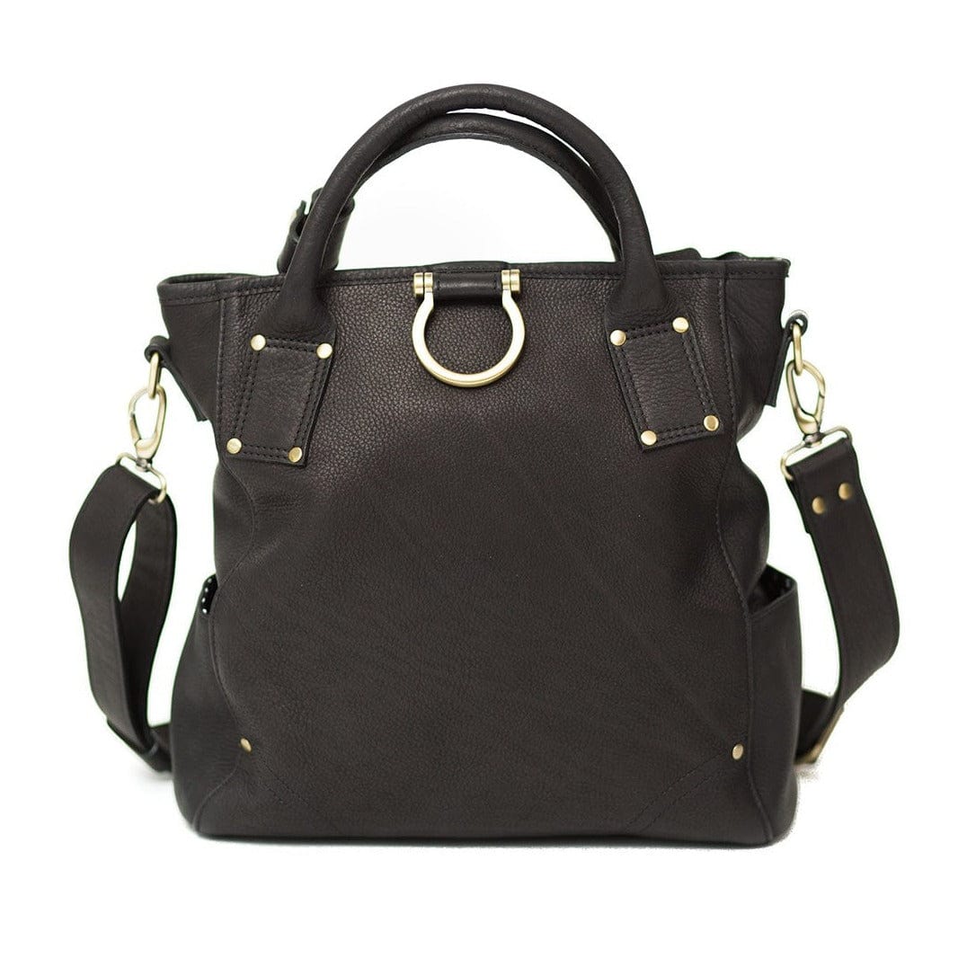 Black raw leather Chloe convertible crossbody and backpack features top handles and Omega hardware.